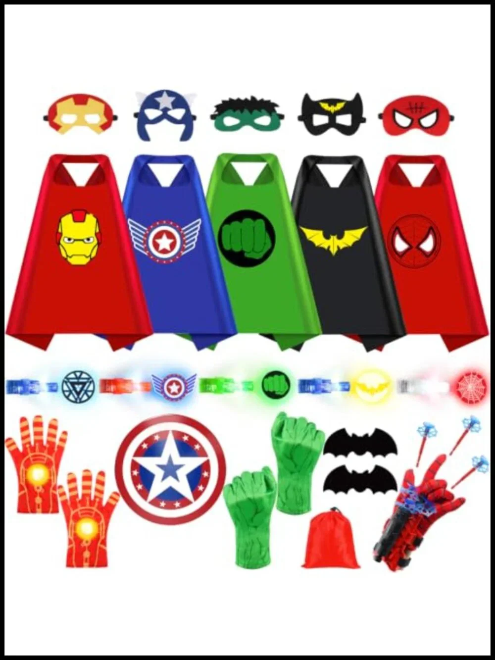 Superhero Cape Set with Masks, Gloves, Shield, Finger Lights Role-Play Costume
